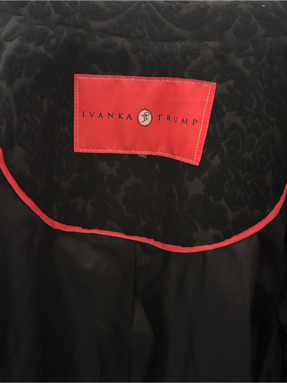 Ivanka Trump Black Damask Jacquard Ruffle Collar Wool Blend Long Coat M/L⁠ - Picture 6 of 7